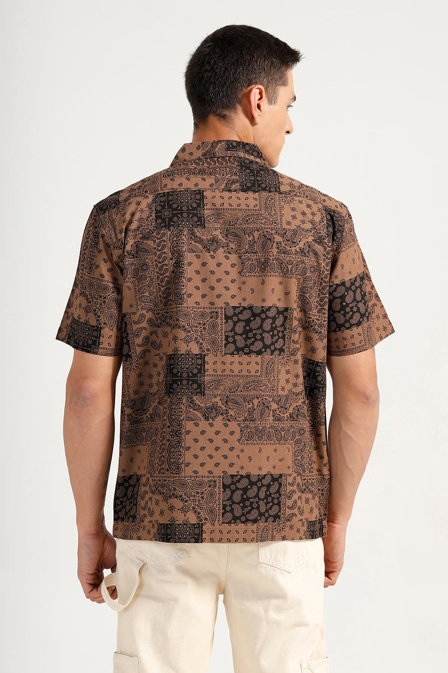 BASICS RELAXED FIT CHOCOLATE BROWN COTTON VISCOSE PRINTED HALFSLEEVES SHIRT