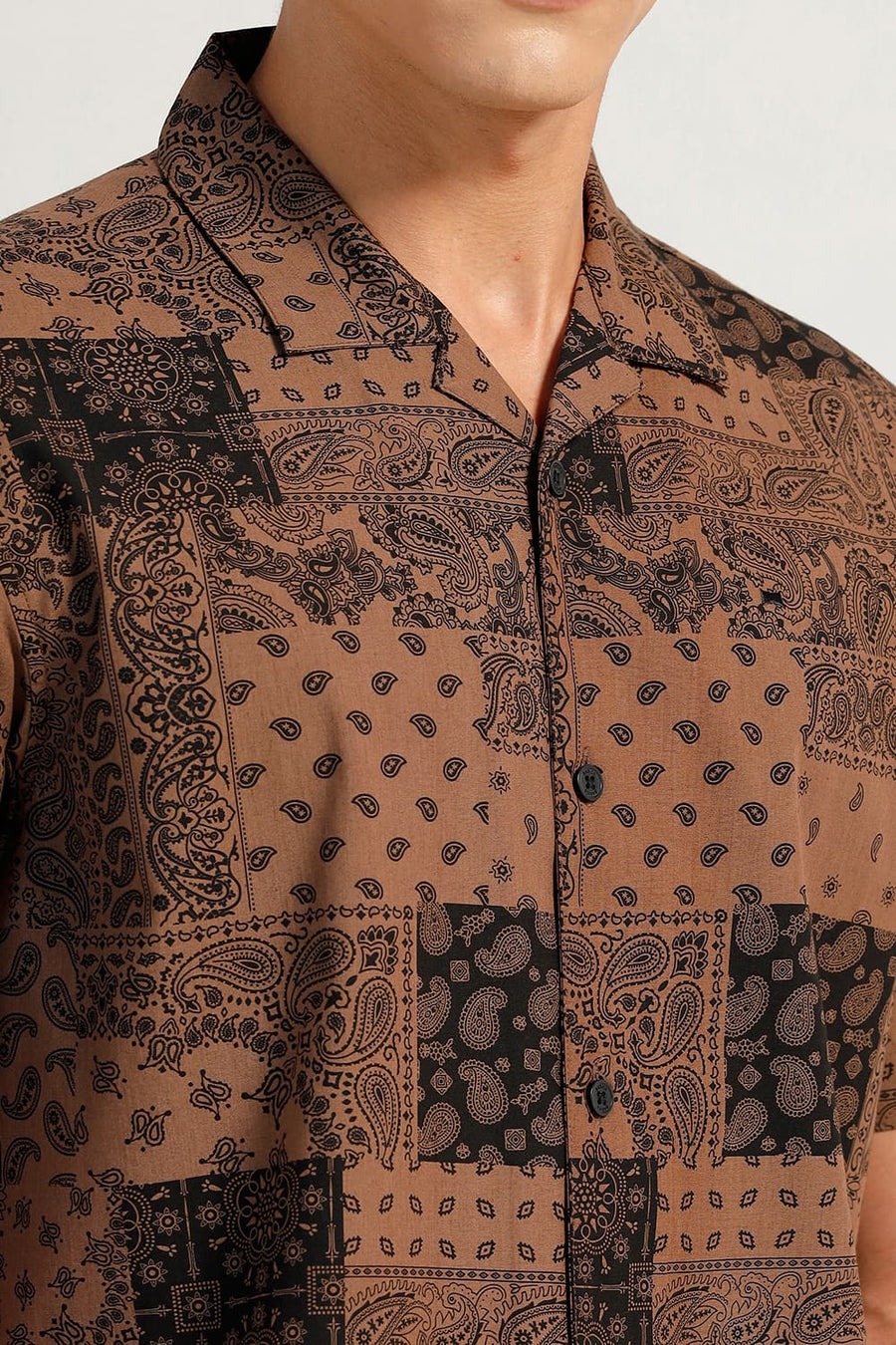 BASICS RELAXED FIT CHOCOLATE BROWN COTTON VISCOSE PRINTED HALFSLEEVES SHIRT