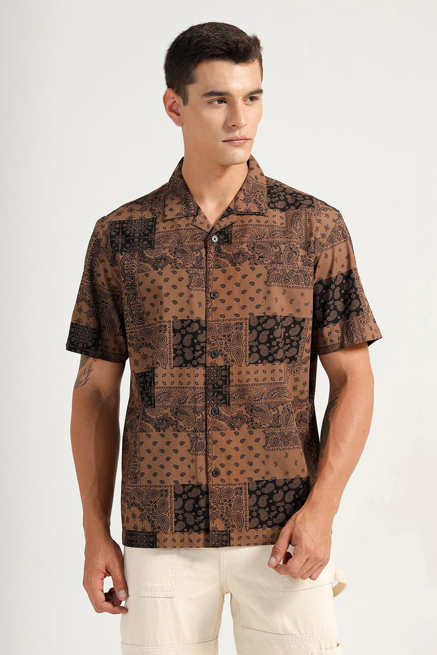 BASICS RELAXED FIT CHOCOLATE BROWN COTTON VISCOSE PRINTED HALFSLEEVES SHIRT
