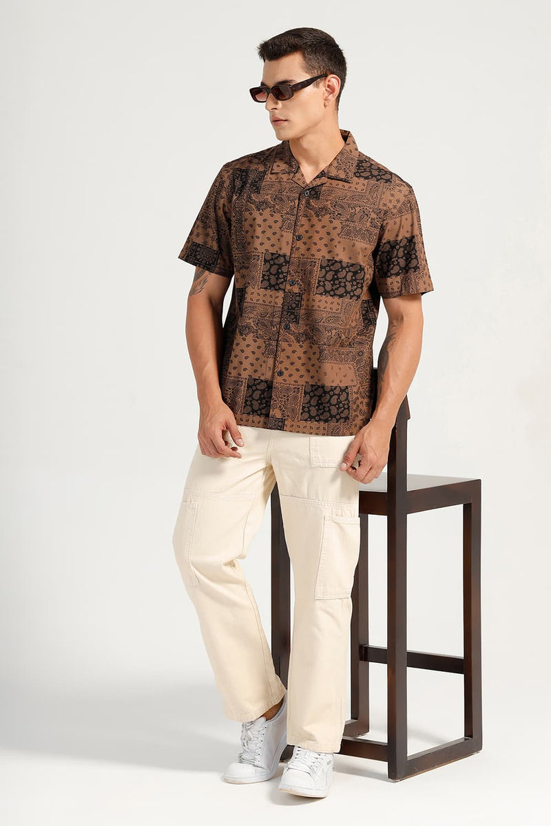 RELAXED FIT COTTON VISCOSE PRINTED HALFSLEEVES SHIRT