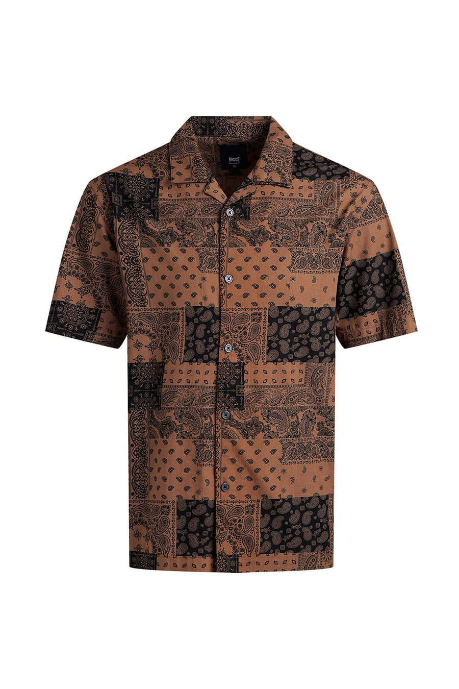 BASICS RELAXED FIT CHOCOLATE BROWN COTTON VISCOSE PRINTED HALFSLEEVES SHIRT