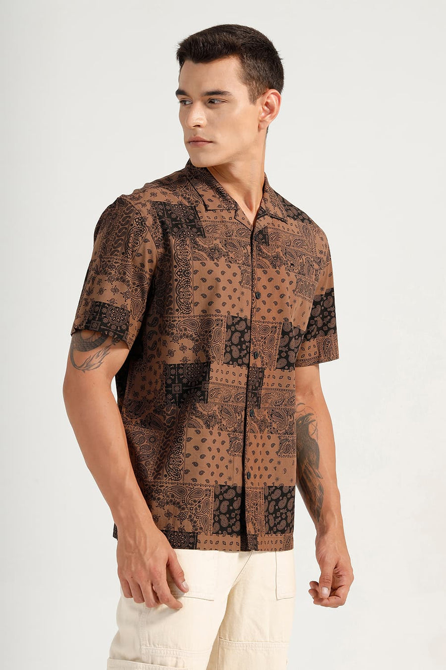 BASICS RELAXED FIT CHOCOLATE BROWN COTTON VISCOSE PRINTED HALFSLEEVES SHIRT