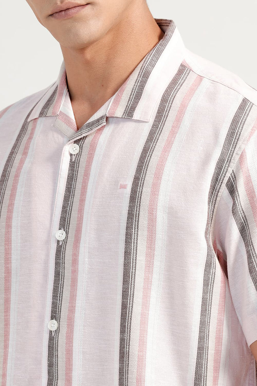 BASICS RELAXED FIT CHERRY PINK COTTON LENO DOBBY STRIPE HALFSLEEVES SHIRT