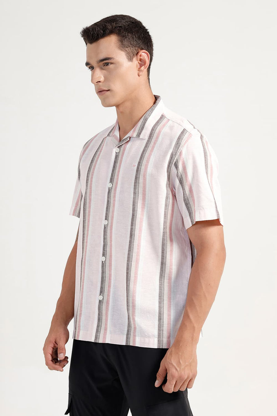 BASICS RELAXED FIT CHERRY PINK COTTON LENO DOBBY STRIPE HALFSLEEVES SHIRT