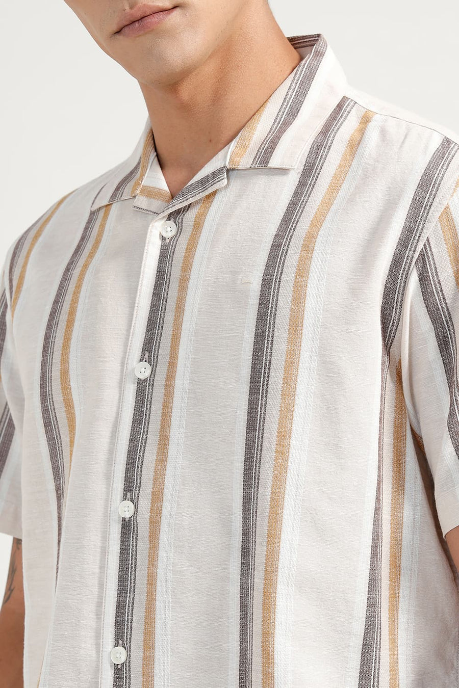 BASICS RELAXED FIT TAPIOCA BEIGE COTTON LENO DOBBY STRIPE HALFSLEEVES SHIRT