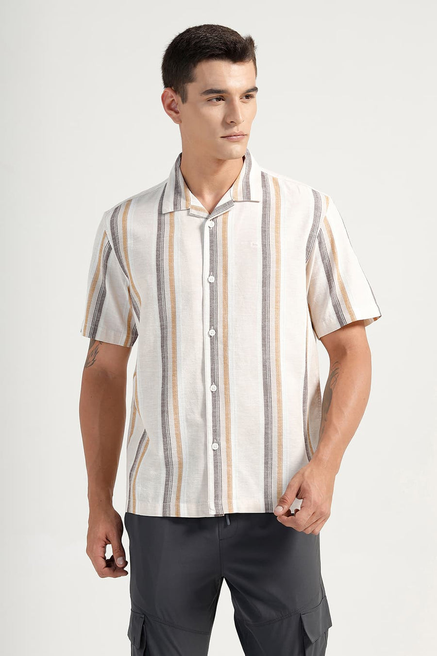 BASICS RELAXED FIT TAPIOCA BEIGE COTTON LENO DOBBY STRIPE HALFSLEEVES SHIRT