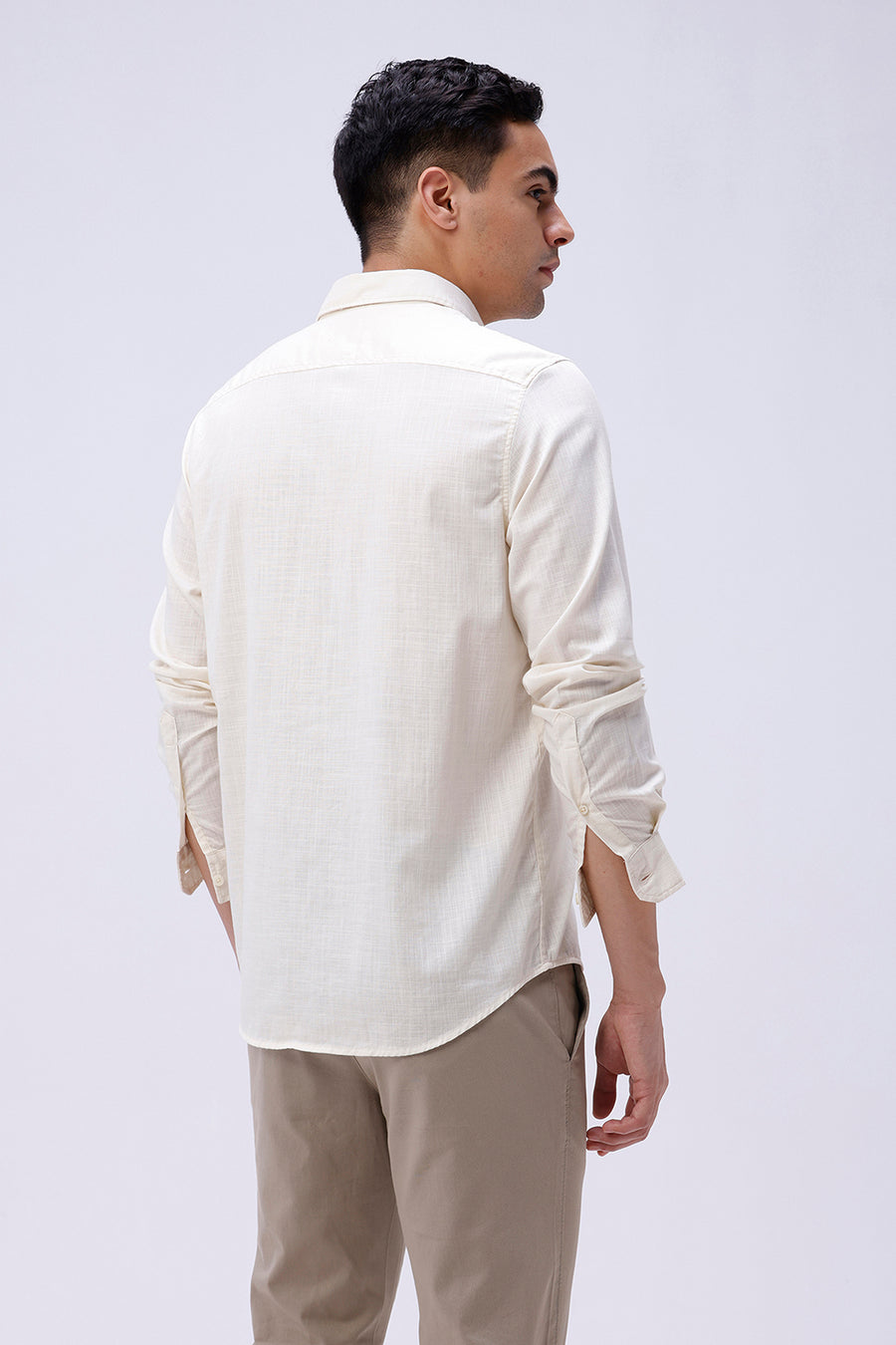 BASICS SLIM FIT VANILLA CREAM COTTON SLUB TWILL SHIRT