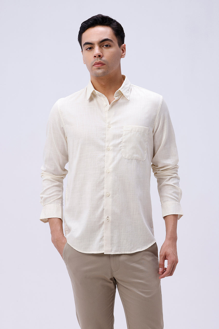 BASICS SLIM FIT VANILLA CREAM COTTON SLUB TWILL SHIRT