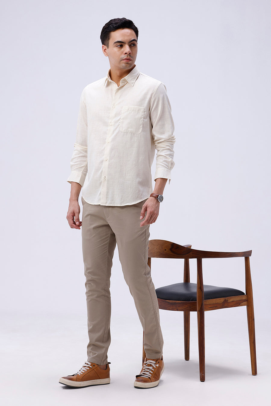 BASICS SLIM FIT VANILLA CREAM COTTON SLUB TWILL SHIRT