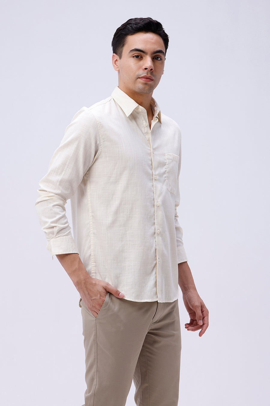 BASICS SLIM FIT VANILLA CREAM COTTON SLUB TWILL SHIRT