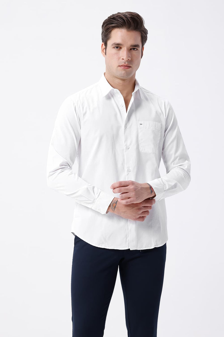 BASICS SLIM FIT LUCENT WHITE COTTON POLYESTER CAVALRY TWILL SHIRT