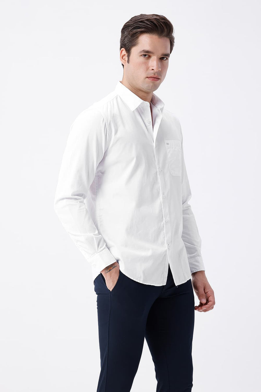 BASICS SLIM FIT LUCENT WHITE COTTON POLYESTER CAVALRY TWILL SHIRT
