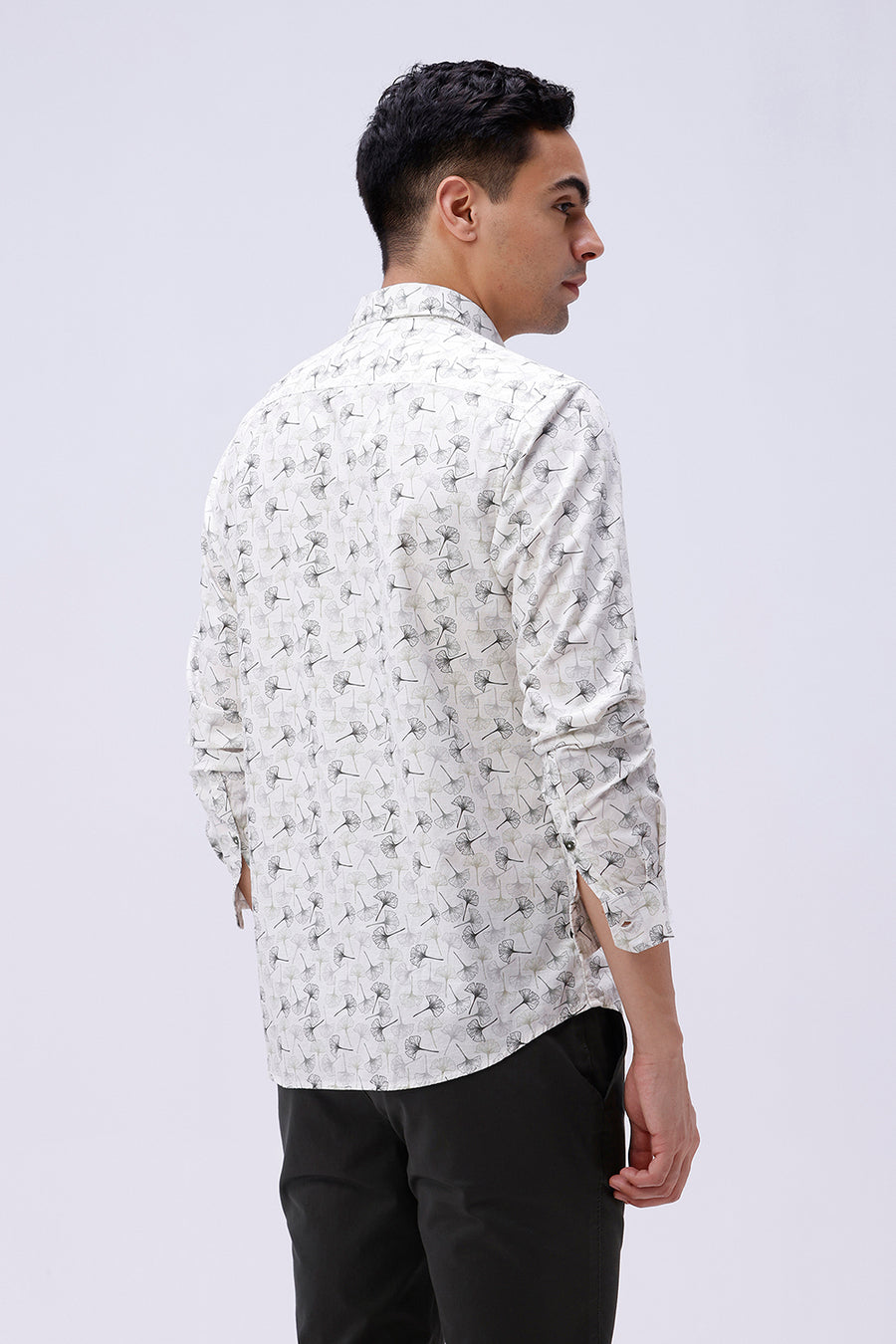 BASICS SLIM FIT BEIGE FOREST COTTON SLUB PRINTED SHIRT