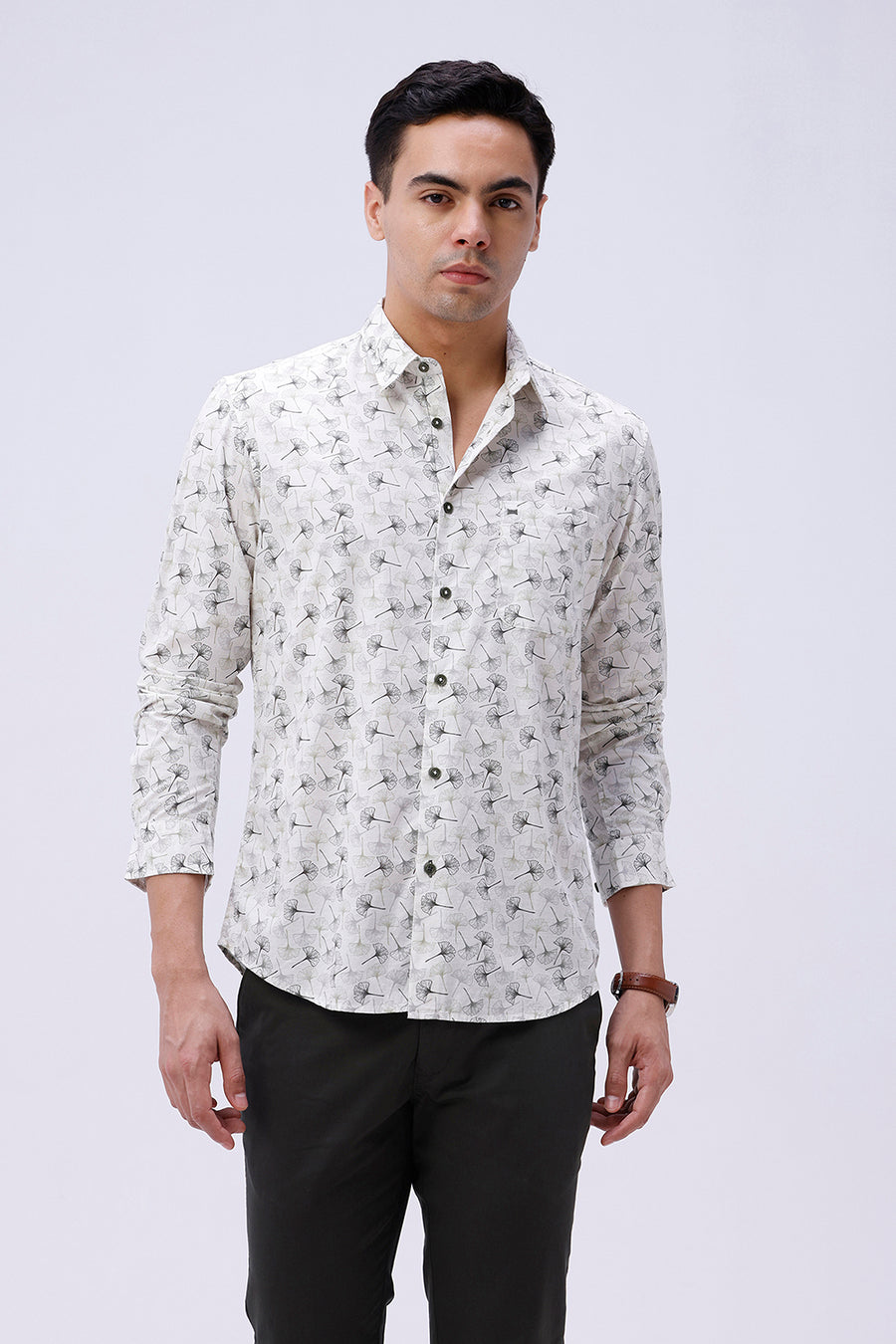 BASICS SLIM FIT BEIGE FOREST COTTON SLUB PRINTED SHIRT