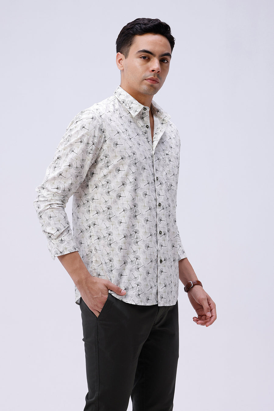 BASICS SLIM FIT BEIGE FOREST COTTON SLUB PRINTED SHIRT