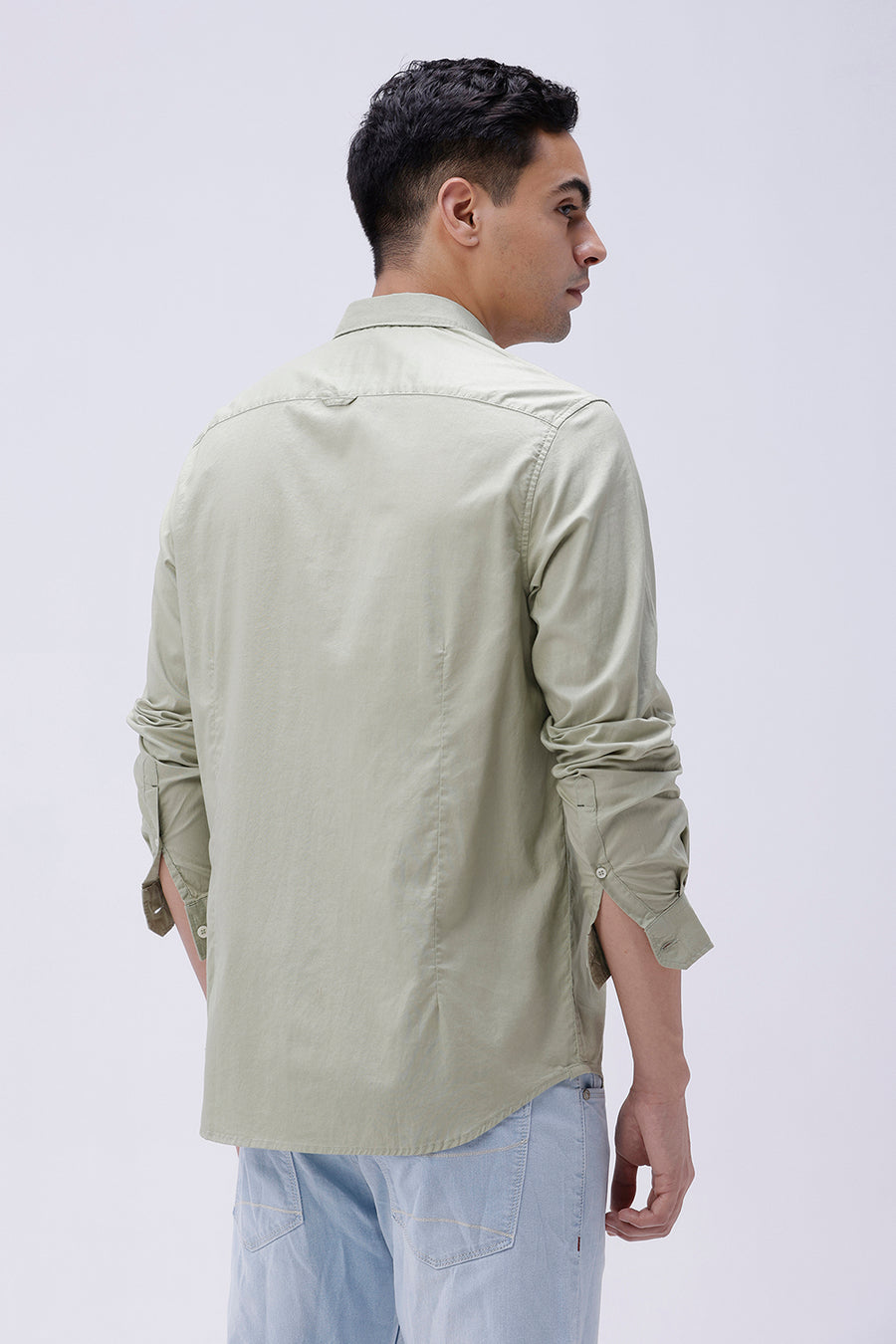 BASICS SLIM FIT GREEN COTTON OXFORD SHIRT