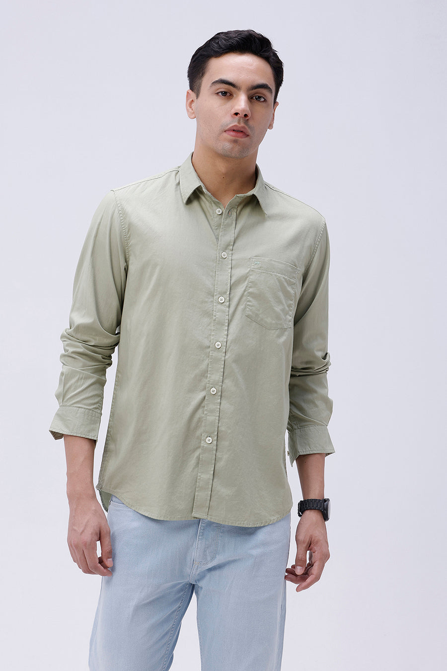 BASICS SLIM FIT GREEN COTTON OXFORD SHIRT