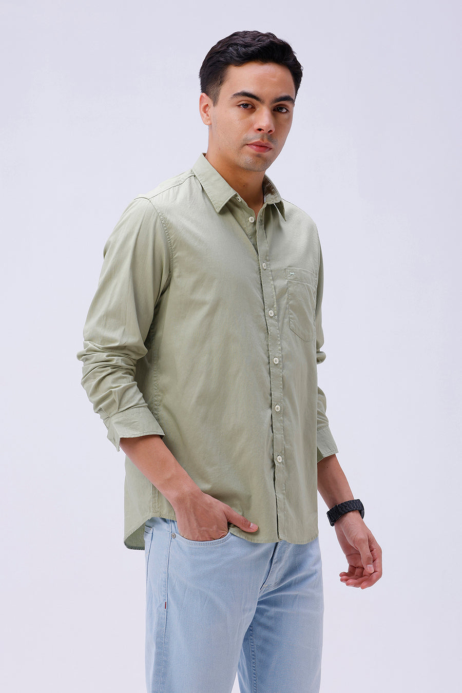 BASICS SLIM FIT GREEN COTTON OXFORD SHIRT