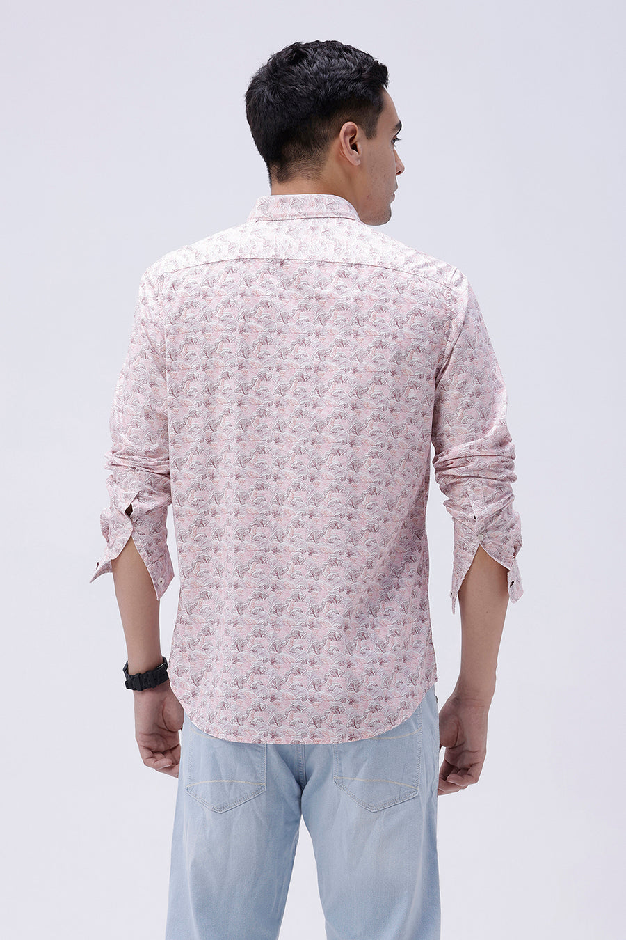 BASICS SLIM FIT CORAL PINK COTTON POPLIN PRINTED SHIRT