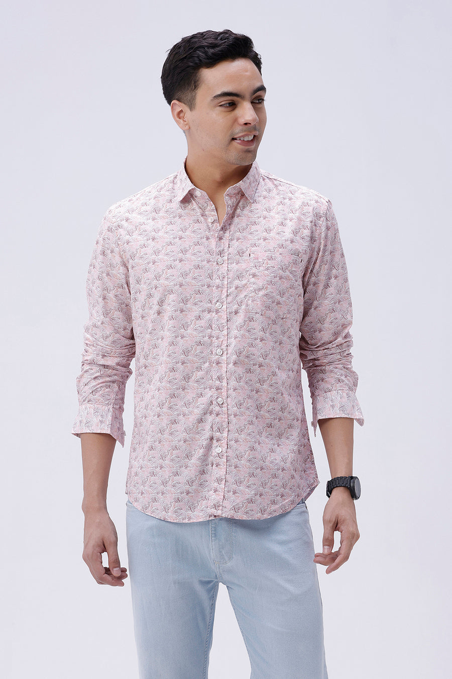 BASICS SLIM FIT CORAL PINK COTTON POPLIN PRINTED SHIRT