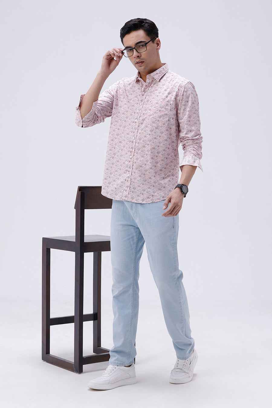 BASICS SLIM FIT CORAL PINK COTTON POPLIN PRINTED SHIRT
