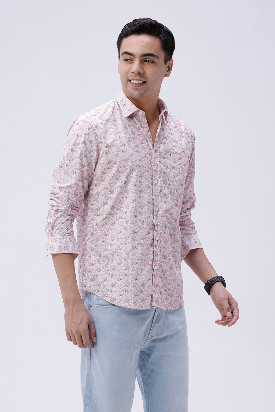 BASICS SLIM FIT CORAL PINK COTTON POPLIN PRINTED SHIRT