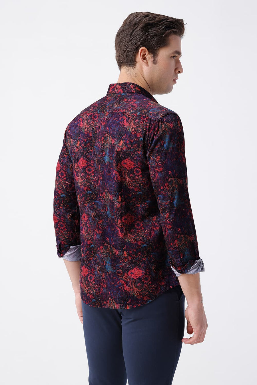 BASICS SLIM FIT WINDSOR MAROON COTTON DIDITAL PRINTED SHIRT