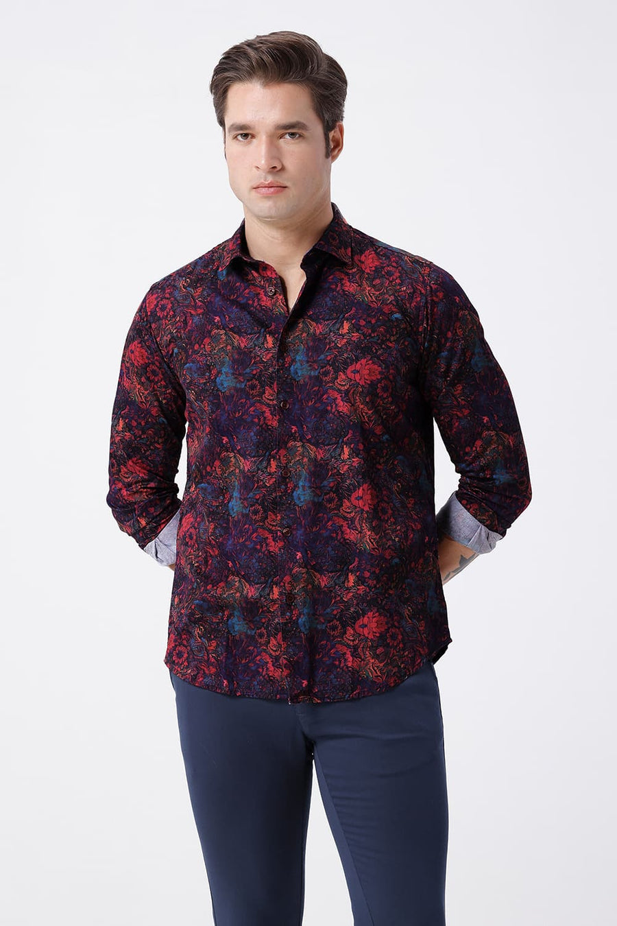 BASICS SLIM FIT WINDSOR MAROON COTTON DIDITAL PRINTED SHIRT