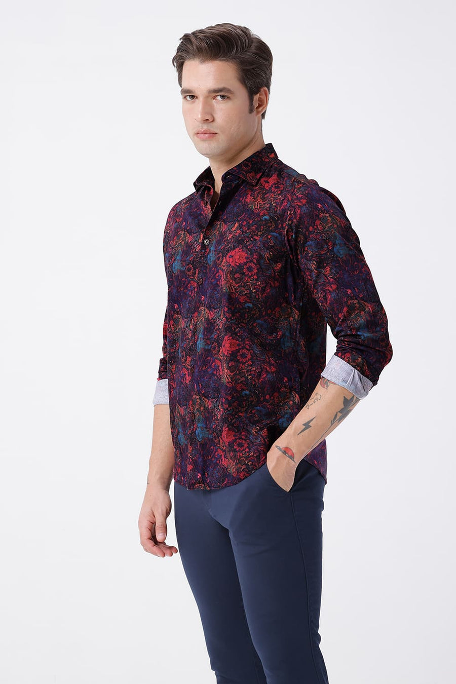 BASICS SLIM FIT WINDSOR MAROON COTTON DIDITAL PRINTED SHIRT