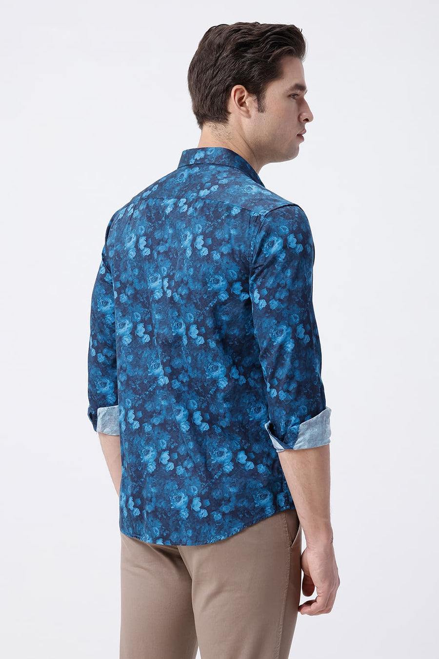 BASICS SLIM FIT MIDNIGHT NAVY COTTON DIDITAL PRINTED SHIRT