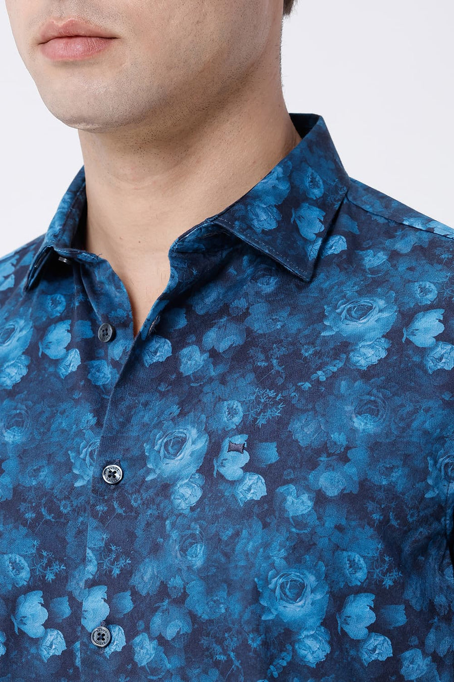 BASICS SLIM FIT MIDNIGHT NAVY COTTON DIDITAL PRINTED SHIRT