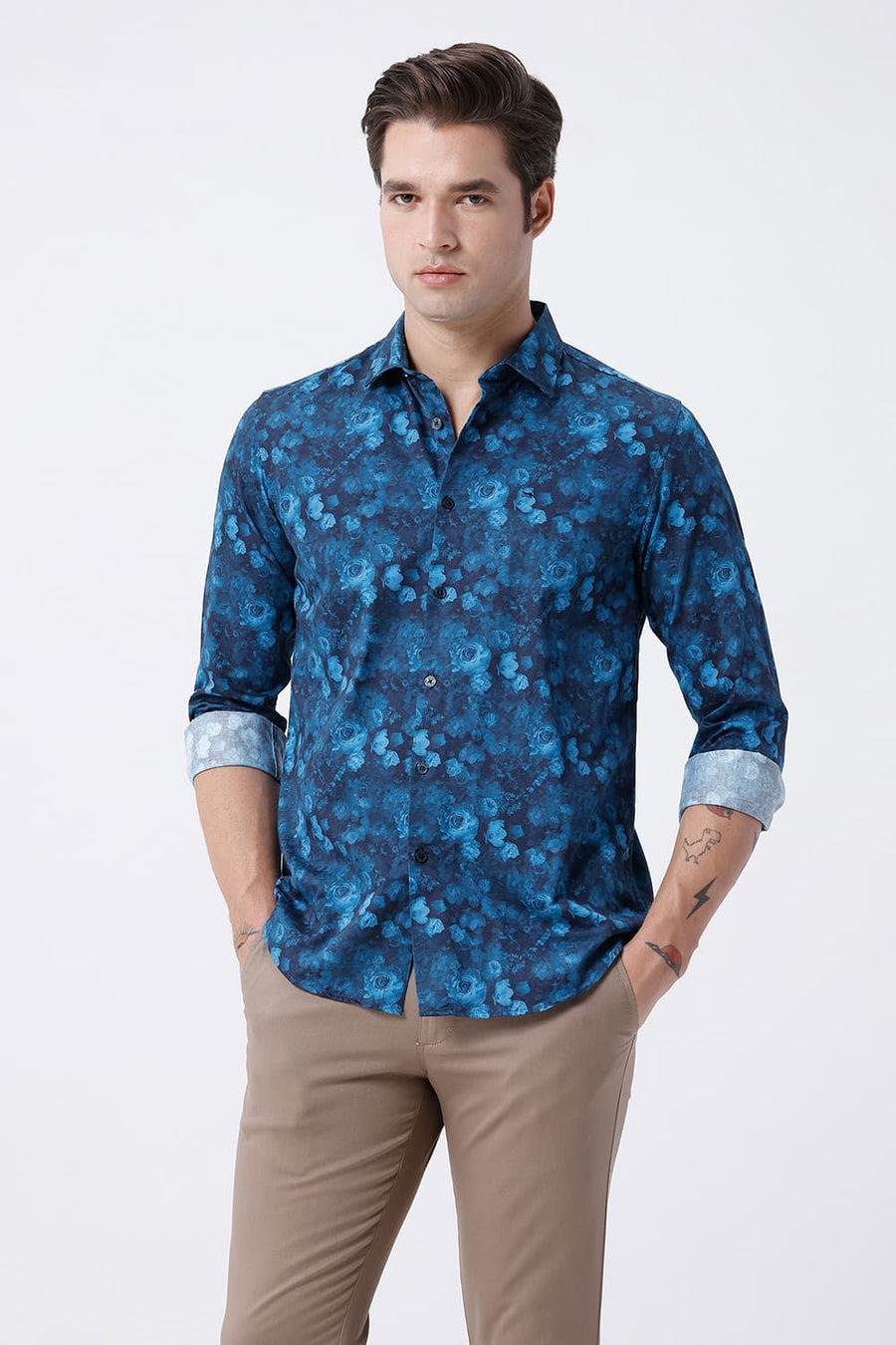 BASICS SLIM FIT MIDNIGHT NAVY COTTON DIDITAL PRINTED SHIRT