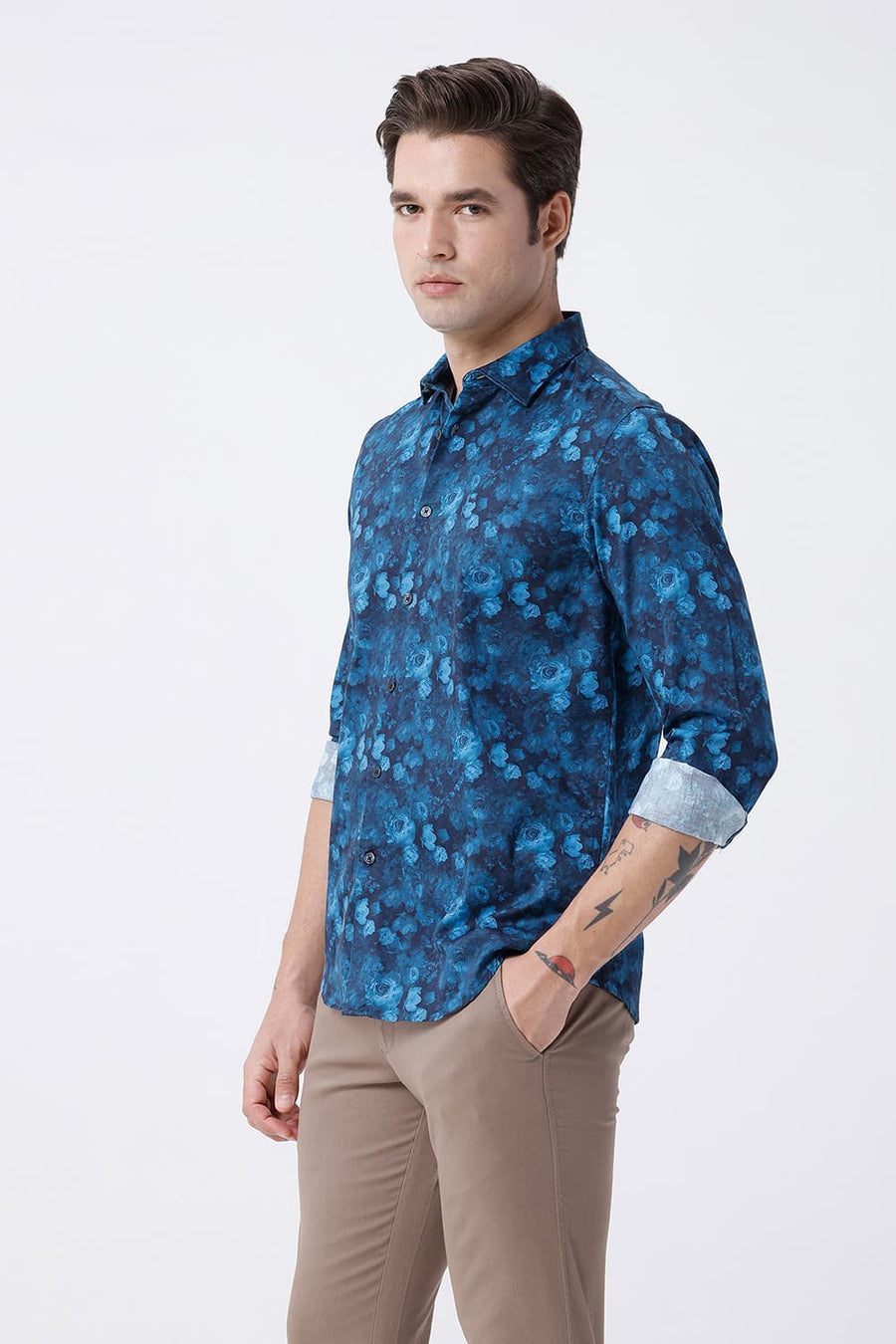 BASICS SLIM FIT MIDNIGHT NAVY COTTON DIDITAL PRINTED SHIRT