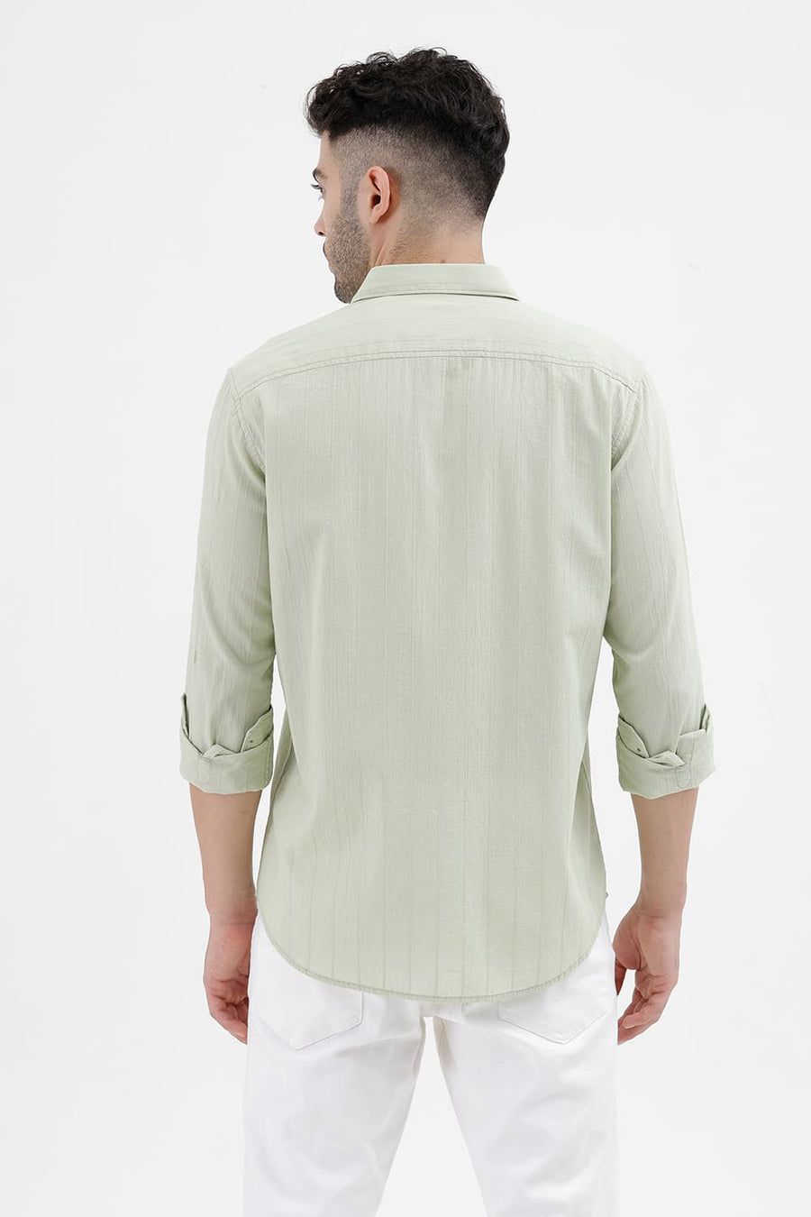 BASICS SLIM FIT CELADON GREEN COTTON SEERSUCKER CRINKLE DOBBY STRIPE SHIRT