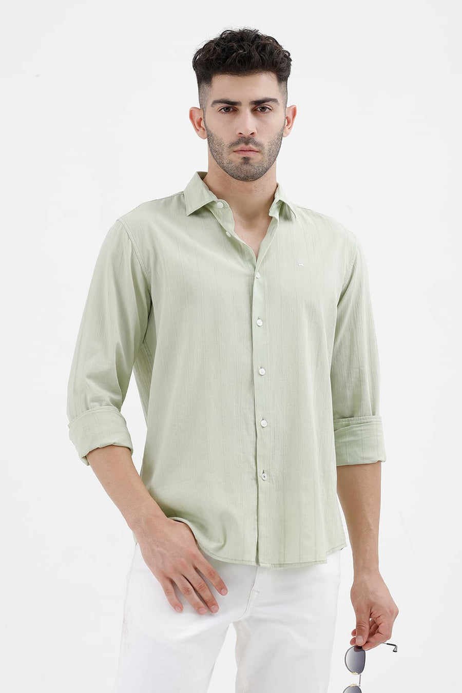 BASICS SLIM FIT CELADON GREEN COTTON SEERSUCKER CRINKLE DOBBY STRIPE SHIRT