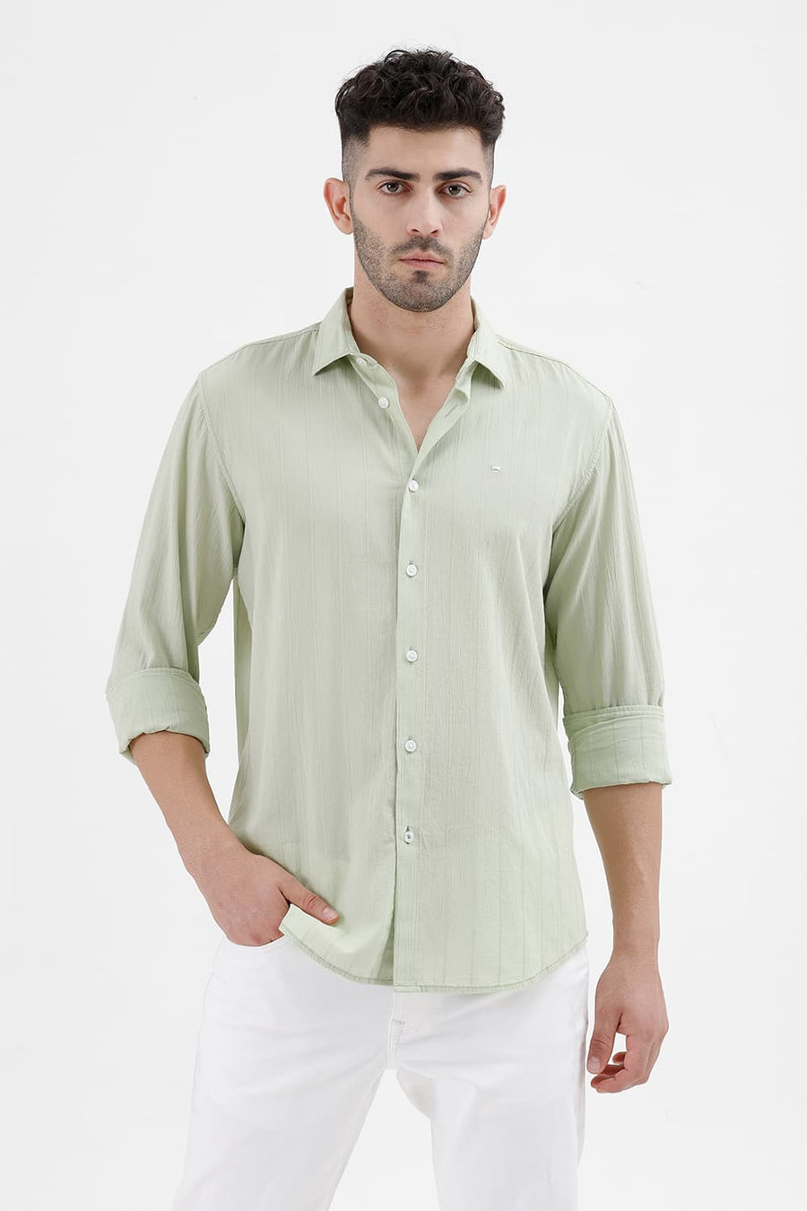BASICS SLIM FIT CELADON GREEN COTTON SEERSUCKER CRINKLE DOBBY STRIPE SHIRT