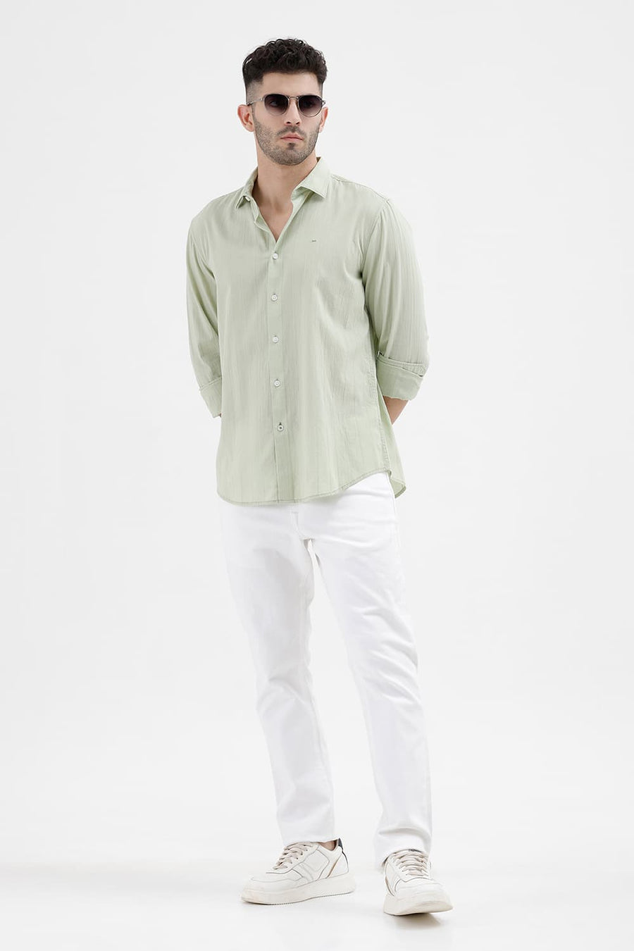BASICS SLIM FIT CELADON GREEN COTTON SEERSUCKER CRINKLE DOBBY STRIPE SHIRT