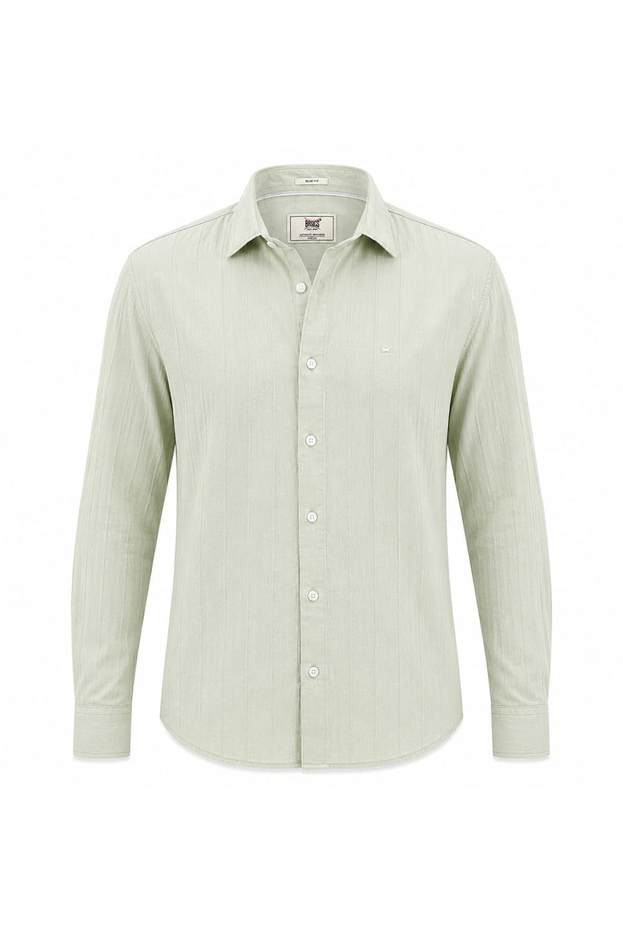 BASICS SLIM FIT CELADON GREEN COTTON SEERSUCKER CRINKLE DOBBY STRIPE SHIRT