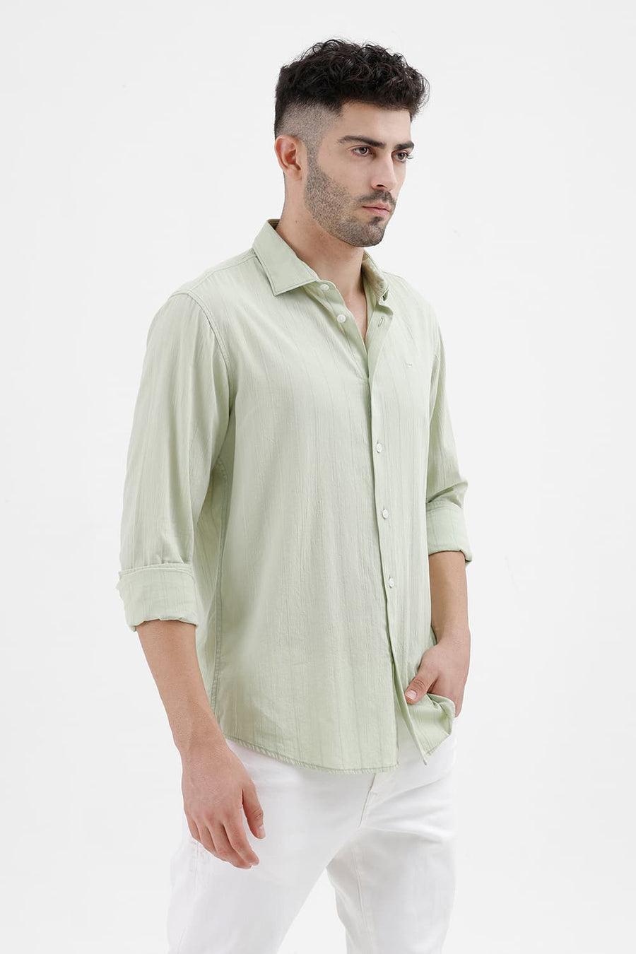 BASICS SLIM FIT CELADON GREEN COTTON SEERSUCKER CRINKLE DOBBY STRIPE SHIRT