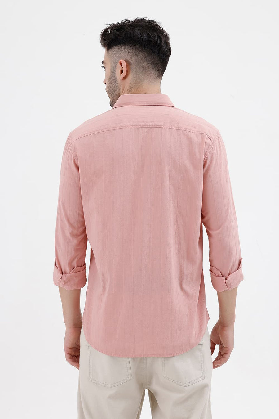 BASICS SLIM FIT PEACH BEIGE COTTON SEERSUCKER CRINKLE DOBBY STRIPE SHIRT