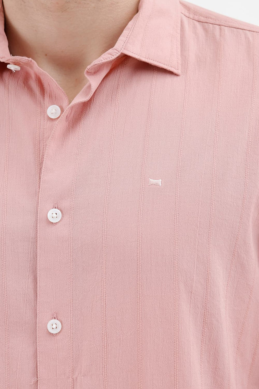 BASICS SLIM FIT PEACH BEIGE COTTON SEERSUCKER CRINKLE DOBBY STRIPE SHIRT
