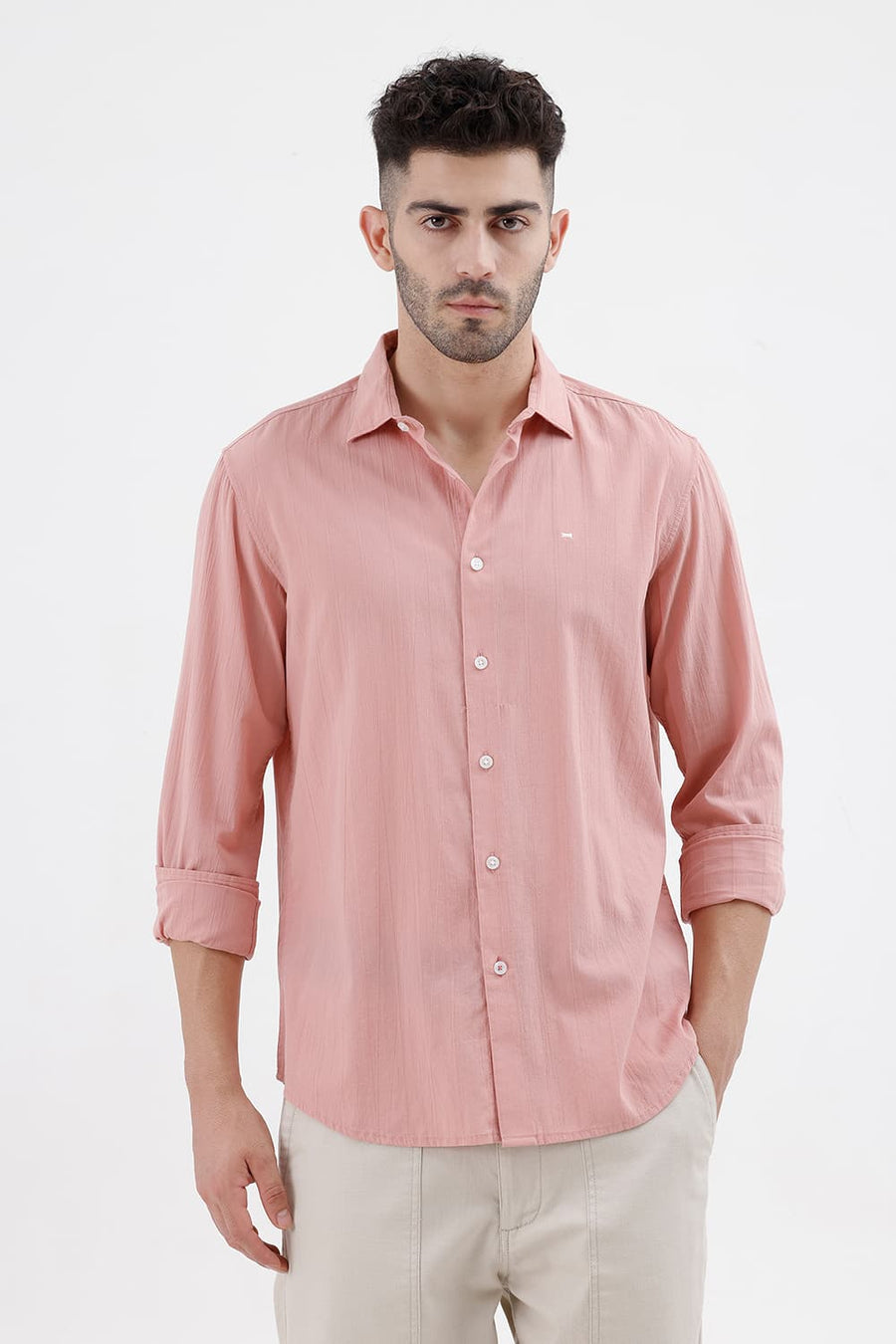 BASICS SLIM FIT PEACH BEIGE COTTON SEERSUCKER CRINKLE DOBBY STRIPE SHIRT