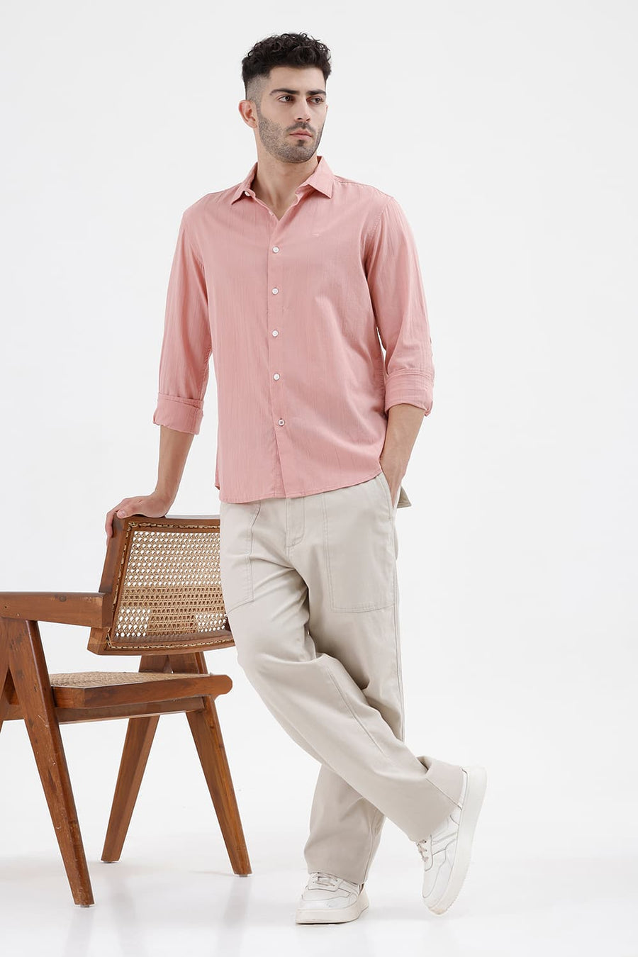 BASICS SLIM FIT PEACH BEIGE COTTON SEERSUCKER CRINKLE DOBBY STRIPE SHIRT