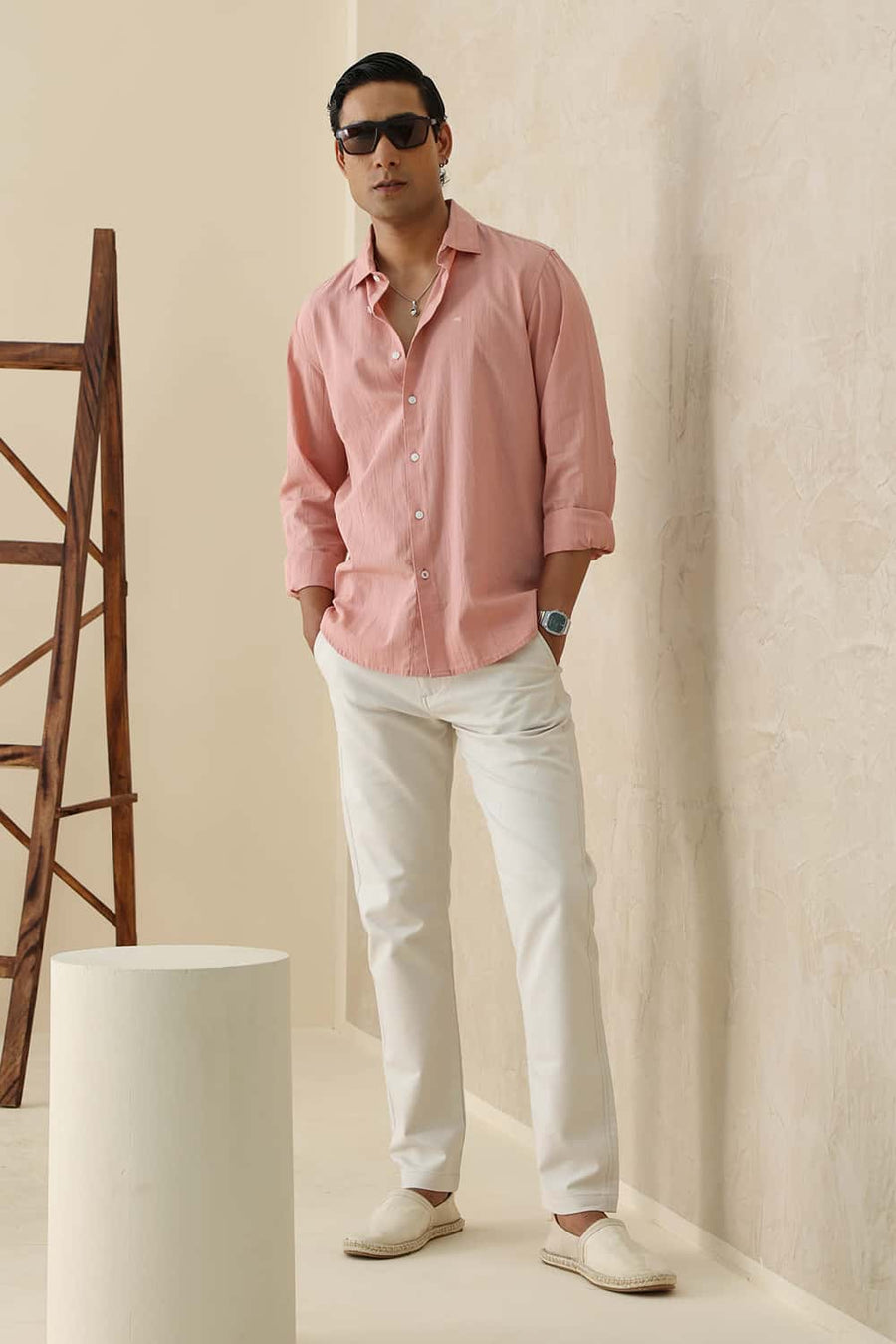 Basics Slim Fit Peach Beige Cotton Seersucker Crinkle Dobby Stripe Shirt