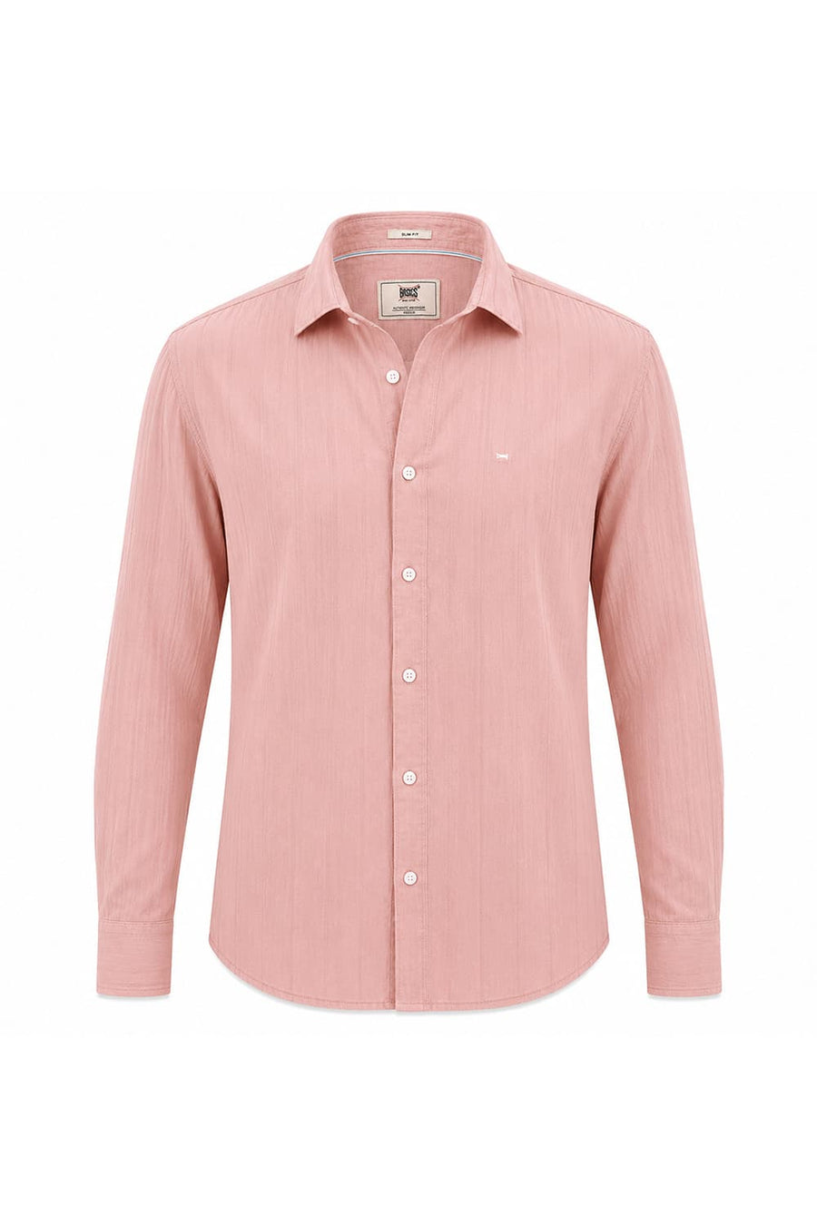 BASICS SLIM FIT PEACH BEIGE COTTON SEERSUCKER CRINKLE DOBBY STRIPE SHIRT