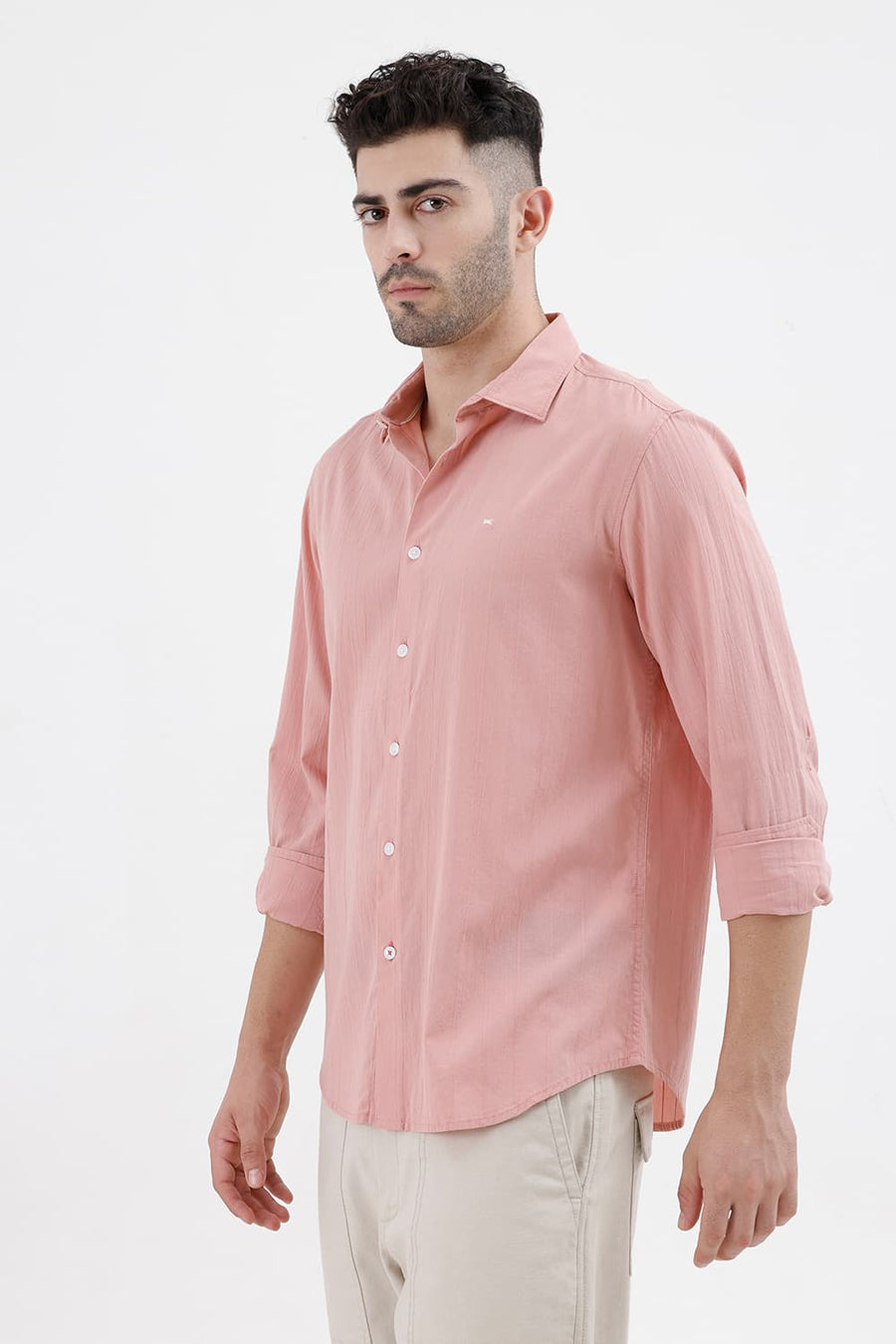 BASICS SLIM FIT PEACH BEIGE COTTON SEERSUCKER CRINKLE DOBBY STRIPE SHIRT
