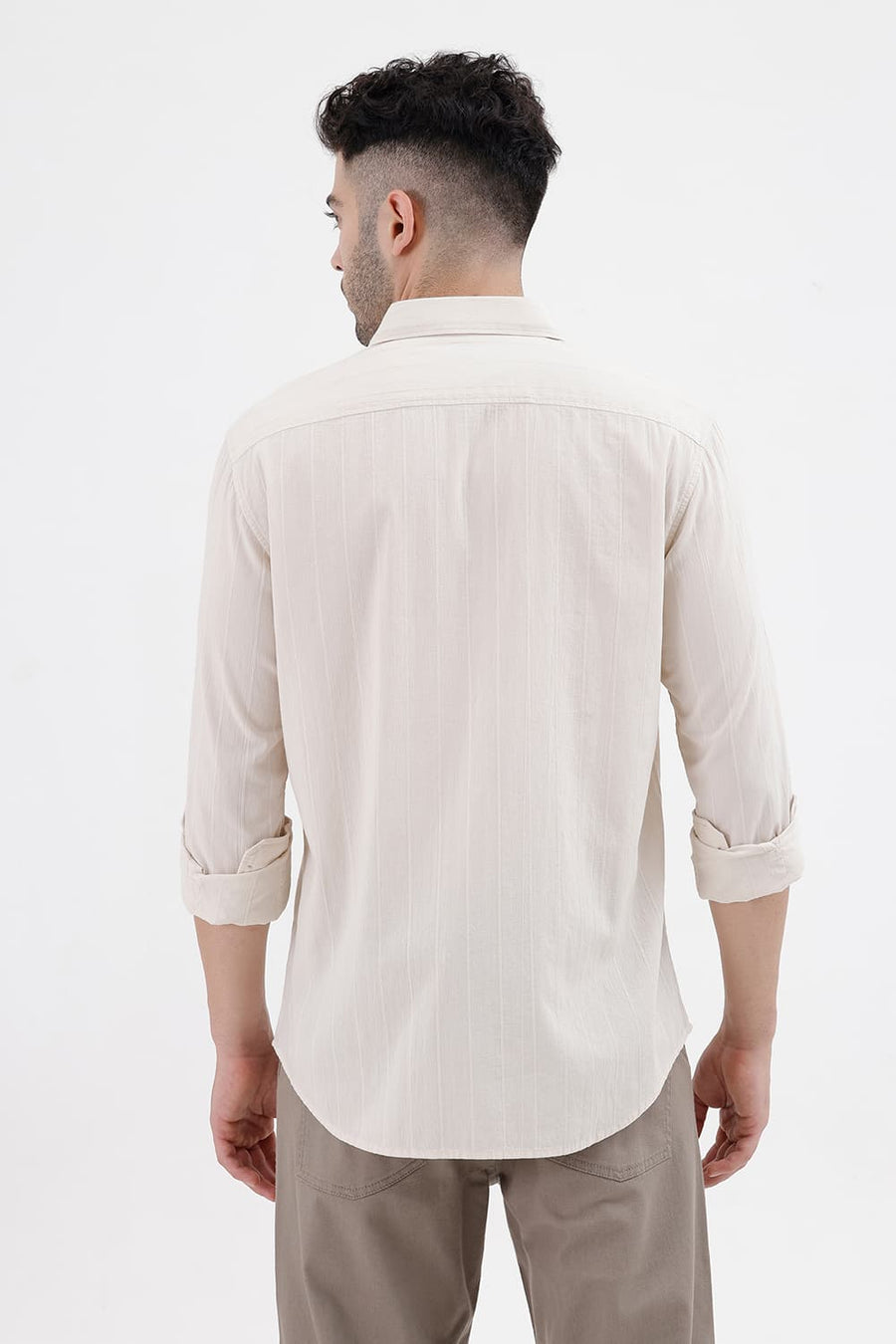 BASICS SLIM FIT TURTLEDOVE BEIGE COTTON SEERSUCKER CRINKLE DOBBY STRIPE SHIRT