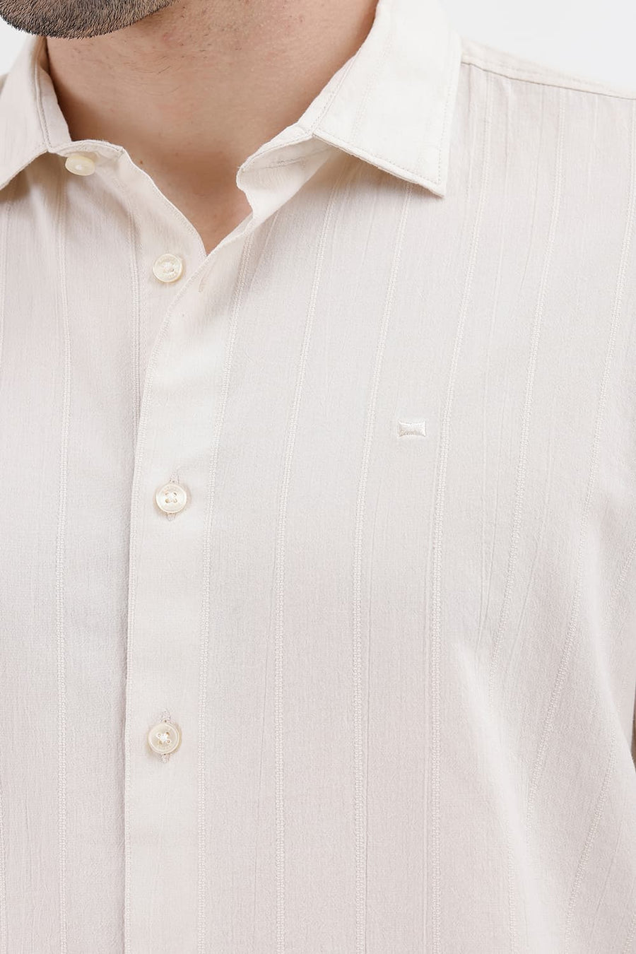 BASICS SLIM FIT TURTLEDOVE BEIGE COTTON SEERSUCKER CRINKLE DOBBY STRIPE SHIRT