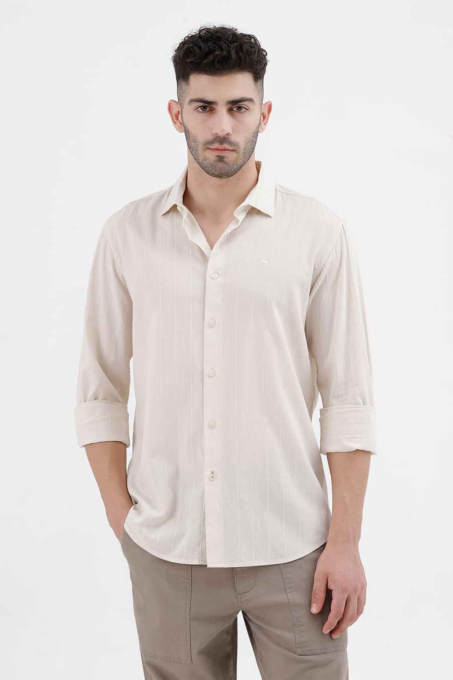 BASICS SLIM FIT TURTLEDOVE BEIGE COTTON SEERSUCKER CRINKLE DOBBY STRIPE SHIRT