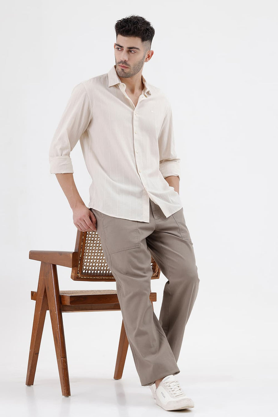 BASICS SLIM FIT TURTLEDOVE BEIGE COTTON SEERSUCKER CRINKLE DOBBY STRIPE SHIRT